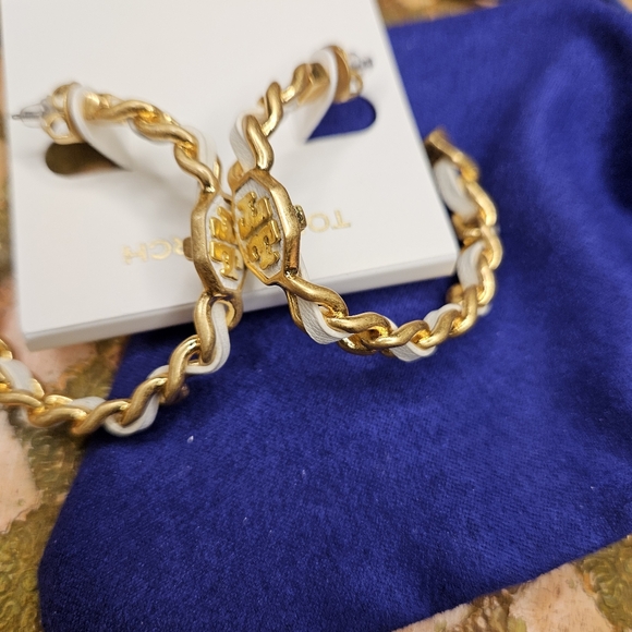 Tory Burch Gold and White Marion Woven Hoop Earrings - Picture 4 of 4